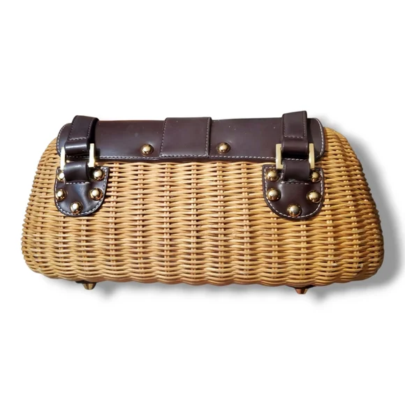 Etienne Aigner Vintage Rattan Y2K Leather Basket Shoulder Bag Coastal Cottage - Picture 2 of 9